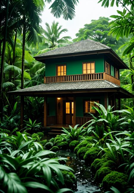 03144-199951307-A small off the grid house in a lush, green rainforest of costa rica with heavy rain pouring hard on the roof, emphasizing the c.png